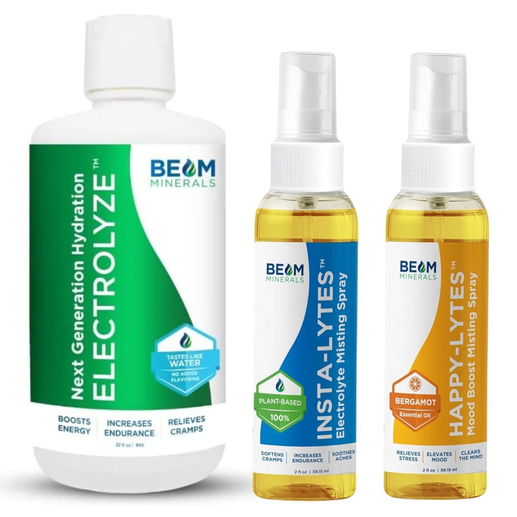 Beam Minerals Electrolyte Imbalance Solution Electrolyze och Insta-Lytes Natural Liquid Electrolytes 2oz och Happy-Lytes Fulvic Electrolyte Misting Spray 2oz