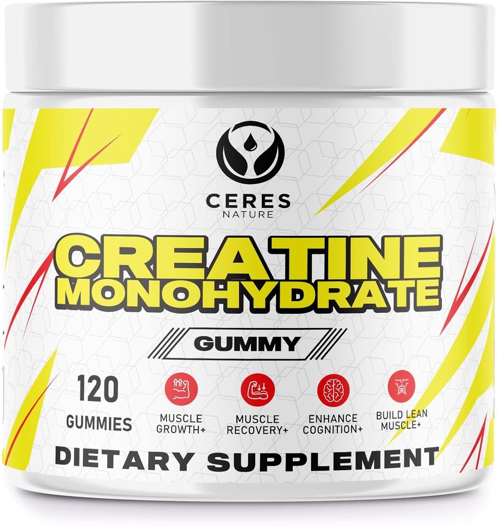 Kreatinmonohydrat Gummies för män och kvinnor-5g av kreatinmonohydrat per portion - Vegan, Lemon Flavor, 120 greve.