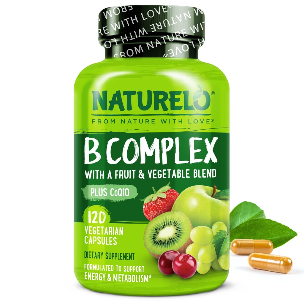 NATURALO B-vitamiinikompleksi, jossa on metyyli-B12, metyyli-Folaatti, B6-vitamiini, Biotin Plus -koliini, CoQ10 ja hedelmä- ja vihannessulake - tukee energiaa ja terveellistä stressiä - Vegaani - 120 kapselia