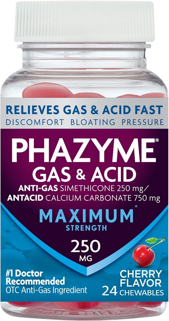 Phazyme Maximum Strength Gas & Acid Relief, toimii nopeasti, kirsikka maku, 24 purukumia (Pakkaus May Vary)