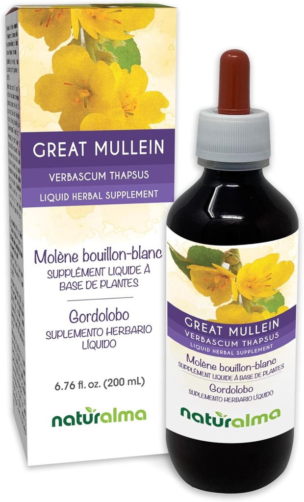 Naturalma Suuri Mullein tai Yhteinen Mullein (Verbascum Thapsus) Kukka ja Lehti Alkoholiton Tincture - 6,76 fl oz Liquid Extract in Drops - Herbal Supplement - Vegan