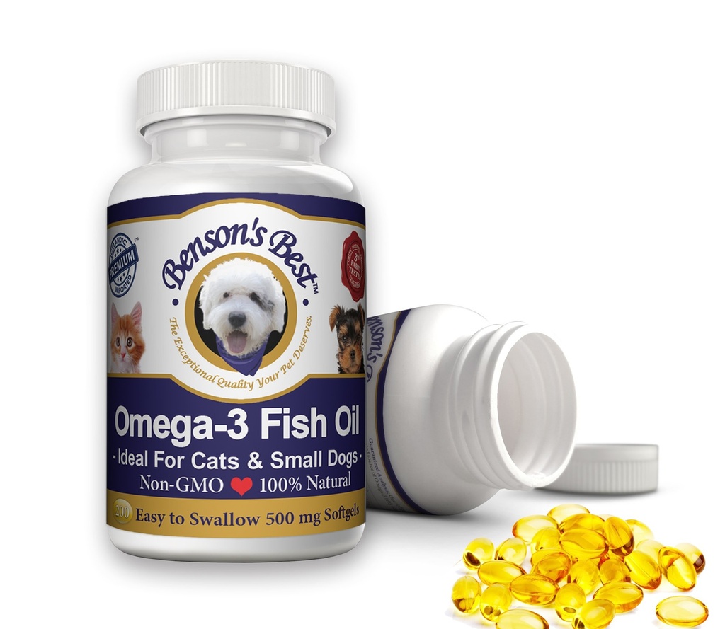 Bensons bästa Omega 3 fiskolja för katter och små hundar - 200 Softgels 500mg - 43% Mer Omega 3 fettsyror än laxolja - 100% ren, icke-GMO, naturlig Pet Food Dog fiskoljetillskott