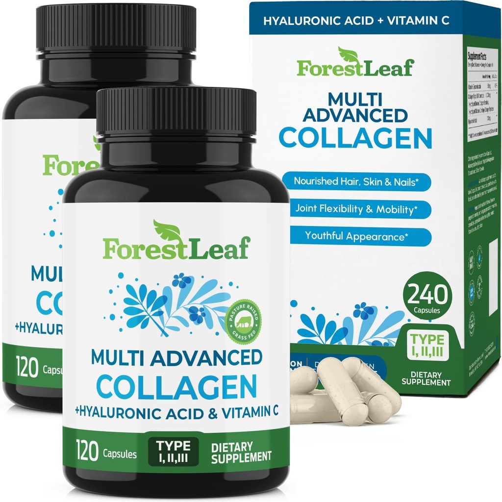 ForestLeaf Multi Collagen pillereitä hyaluronihappo + C-vitamiini . Hydrolysoitu kollageeni täydentää naisille tai miehille.