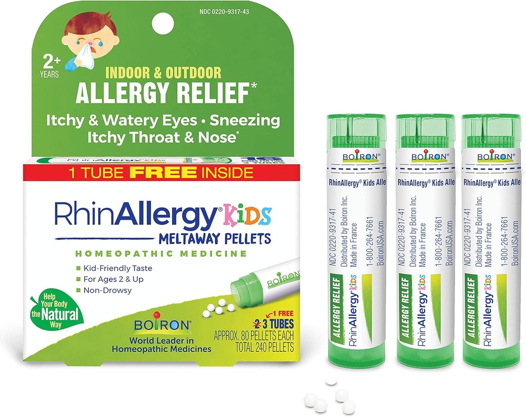 Boiron RhinAllergy Kids Pellets för lättnad från allergi Symptom på Sneezing, Runny Nose och Itchy Eyes eller Throat - 3 Count (240 Pellets)