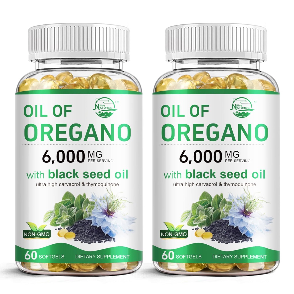 Luonnon elävä Oil of Oregano ja musta siemenöljy, 2 in 1 Oregano Supplement for Immuun Health, Retains High Thymokinone, ei-GMO, 60 Softgels, 2 pakkaus