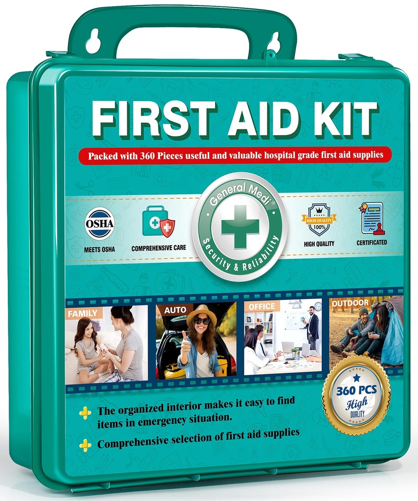 General Medi 360 Pieces Hardcase First Aid Kit - Omfattande stor första hjälpen Box innehåller Premium Medical Supplies för resor, hem, kontor, fordon, camping, arbetsplats och utomhus