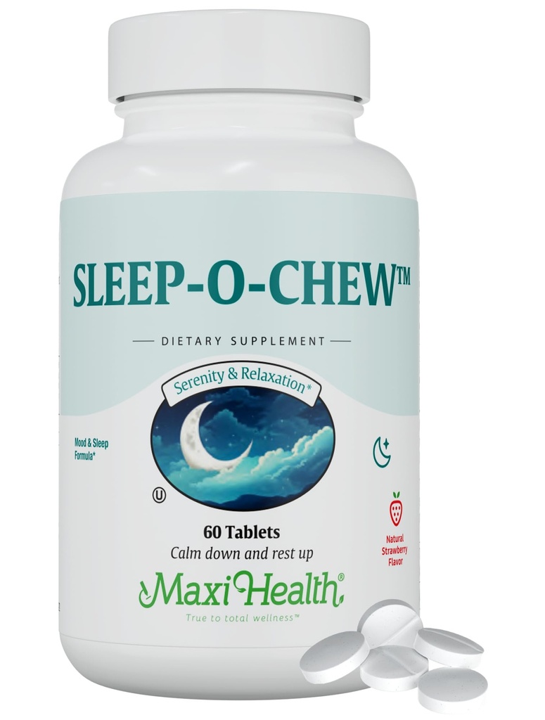 Maxi Health Sleep-O-Chew Strawberry Pureskeltavat tabletit magnesiumia, Inositolia, L-Tryptofaania, 3 mg melatoniinia unitukeen - Non Habit Forming Sleep Aid aikuisille, Kosher Sleep Supplement, 60 Count