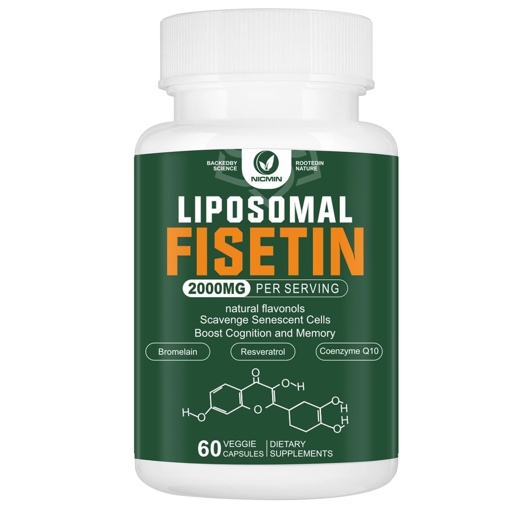 Liposomal Fisetin Supplement, 2000MG, 98% Pure Fisetin Polyfenolit Antioksidantit, Quercetin, TMG ja Resveratrol, terveenä ikääntyminen, kognitiivinen tuki, 60 kapselia