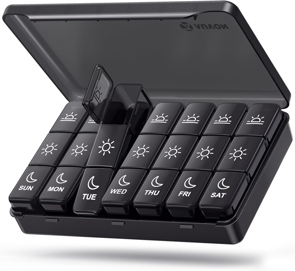 AUVON Weekly Pill Organizer 3 Kertaa päivässä, Suuri pilleri laatikko 7 Päivä Dual Protection for Travel, Musta pilleri tapauksessa yksityisyyden suojaa, Valonkestävä pilleri säiliö lääkkeitä, Vitamiinit, kalaöljyjä