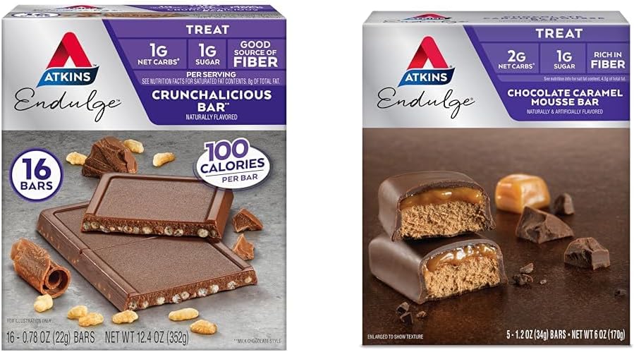 Atkins Endulge Crunchalicious Chocolate Bar, 16 kreivi & Chocolate Caramel Mousse Bar, 5 kreivi