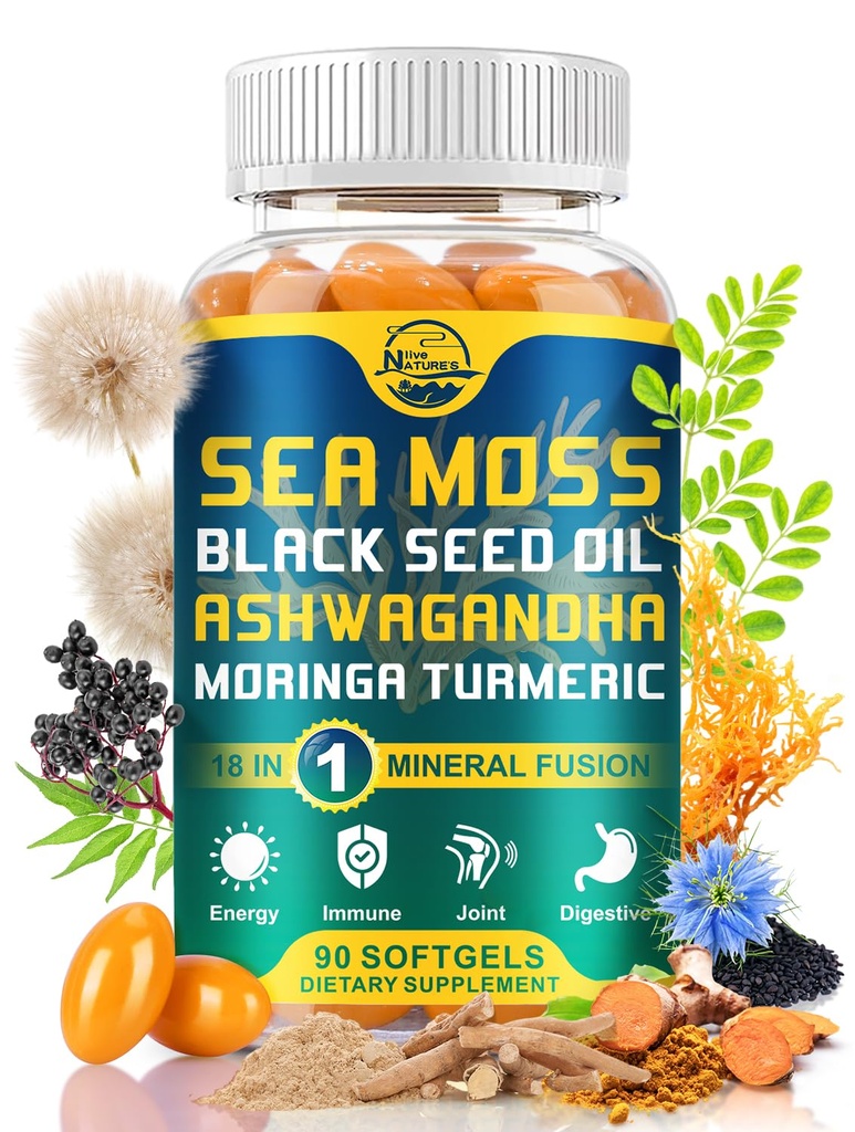 Naturens levande Organic Sea Moss Softgels, med Black Seed Oil, Ashwagandha, Bladderwrack, Ginger, Burdock Root, Manuka Honey, Cinnamon för Immune System, Skin, Energy, 90 Softgels, 1 Pack