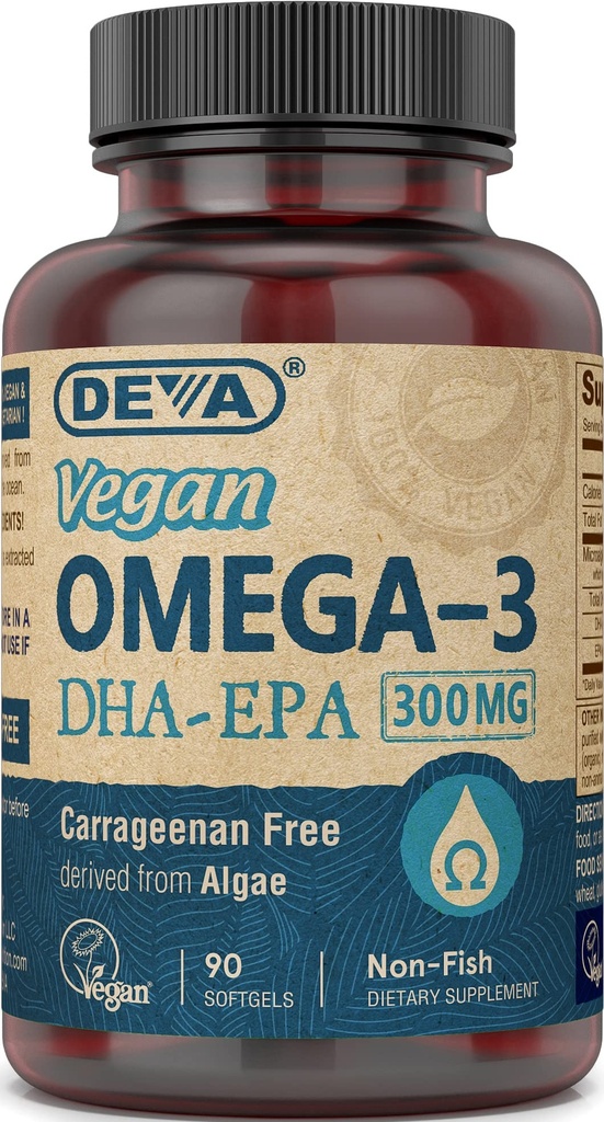DEVA Vegan Omega-3 DHA-EPA 300MG Ei Carragenania, ei kalaöljyä Algae, ei-GMO, 90 Liivate-vapaat pehmikkeet