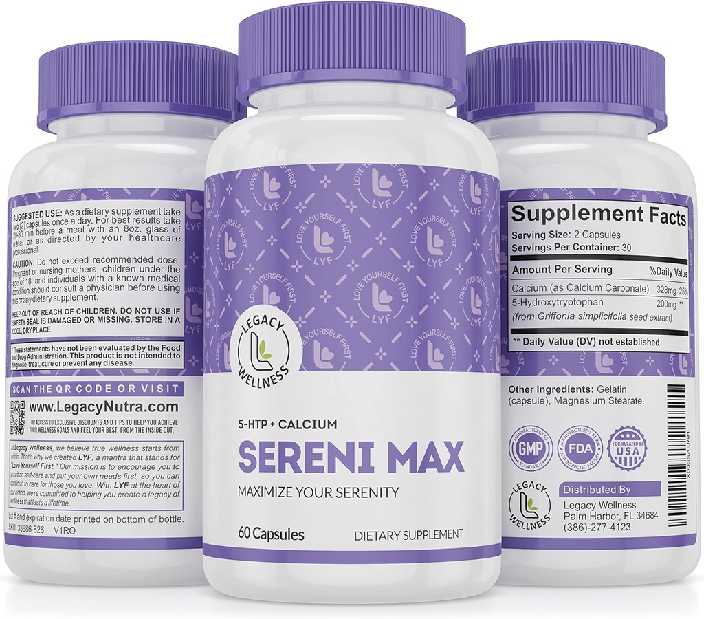 SERINI-MAX - 5-HTP mieliala tuki täydentää + kalsium - tukee rauhallinen ja rauhallinen mielentila - Boost serotoniini, 5HTP 200mg stressinhallinta ja uni tuki täydentää - 60 kapselia
