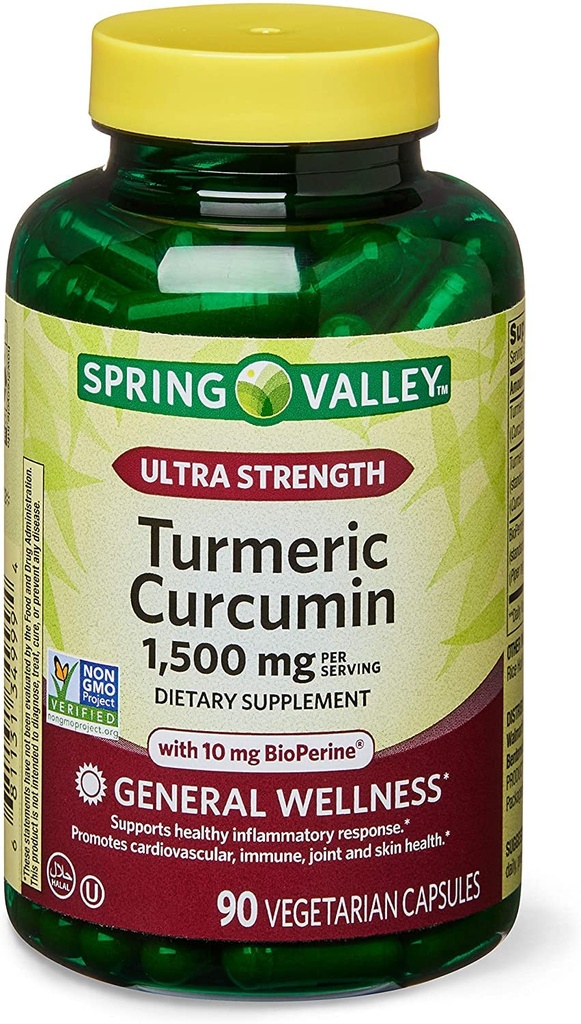 Spring Health 2 Set - Spring Valley Ultra-vahva kurkuma Curcumin 1500 mg 90 kapselia + vitamiini opas, 1.0