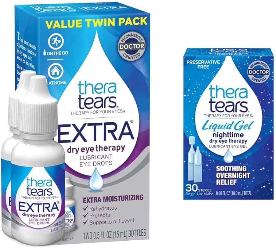 TheraTears Extra Dry Eye Therapy Voitelu silmätipat kuiville silmille, 0,5 dl pullo, 2 kreivi(Pack of 1) & Liquid Gel Nighttime Voitelu silmätippa kuiville silmille, yksi injektiopullo, 30 kreivi