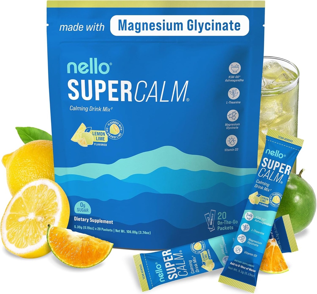 Nello Supercalm Drink Mix - Ashwagandha KSM 66, Magnesium Glycinate & L-Theanine Supplement, D3-vitamiini - Ashwagandha juuriuute - Focus- ja rentoutumistuki (20 matkapakkaukset) - sitruunan lime