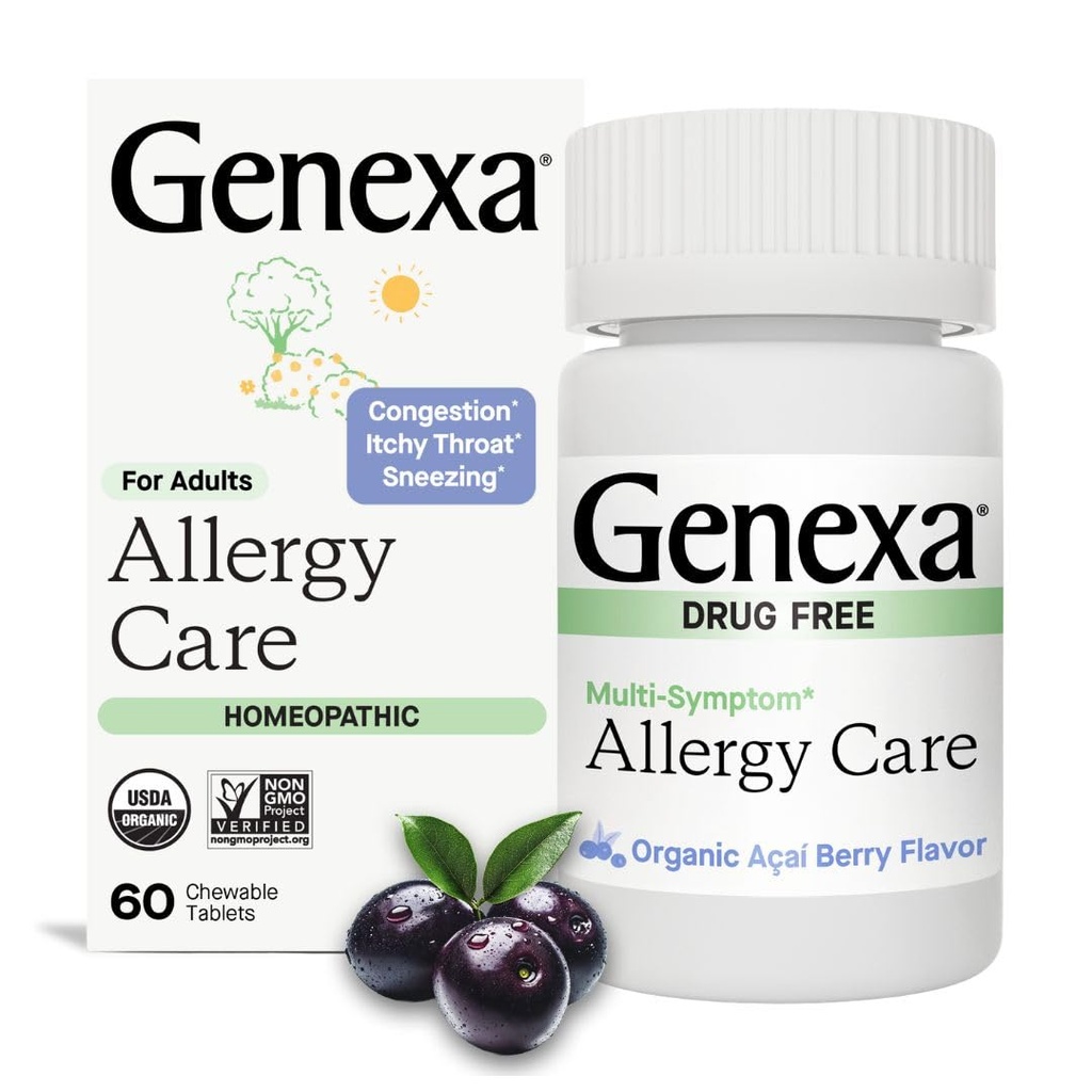 Genexa Allergy Care | Drug Free, Non-Drowsy Allergy & Decongestant Remedy för vuxna | Vegan & Non-GMO | Homeopathic Allergy Relief Made Clean | Organic Acai Berry Flavor | 60 Chewable Tablets