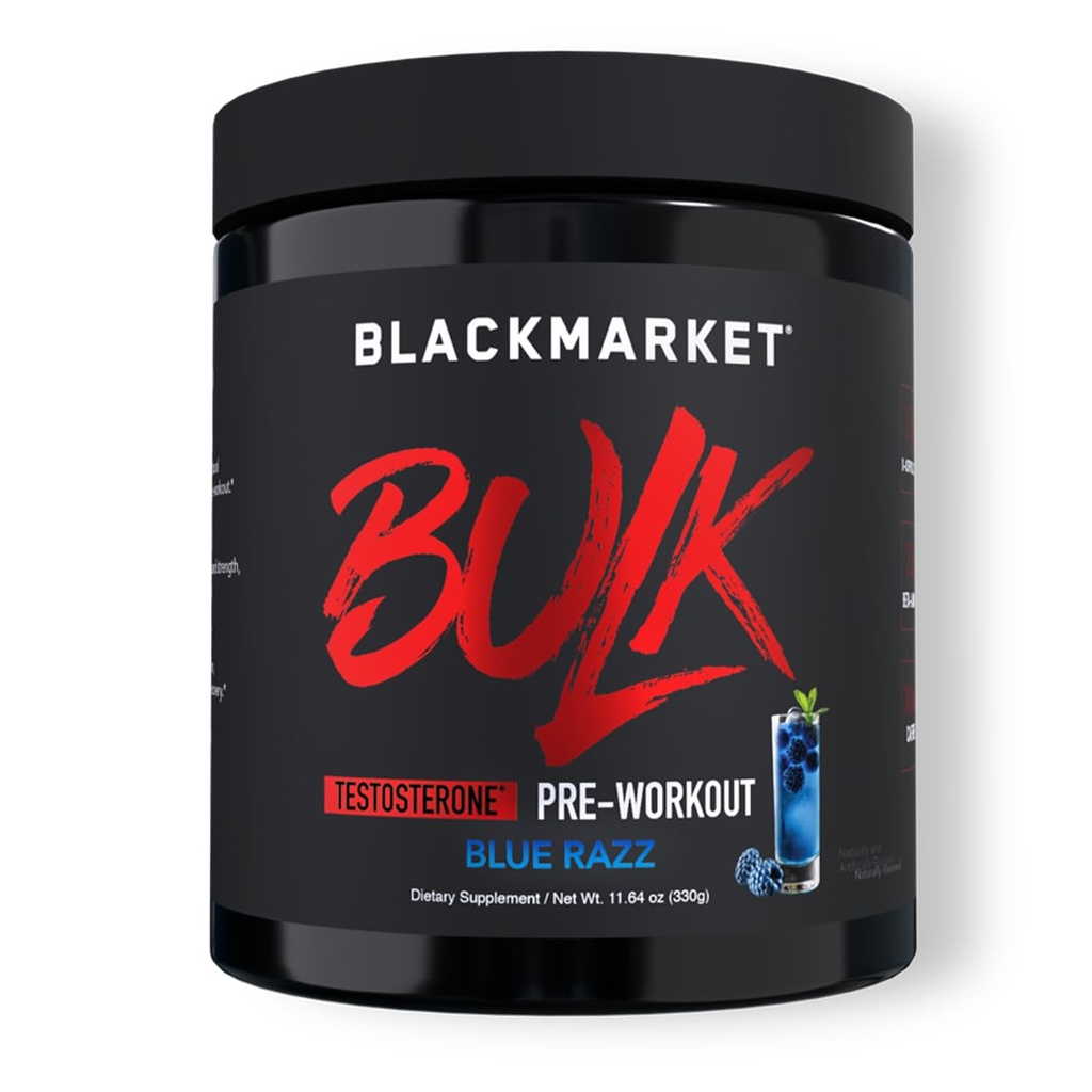 BLACKMARKET Bulk Pre Workout - Preworkout Energy Drink för män 30 portioner - Pre-Workout Drink Powder med kreatin (Blue Razz)