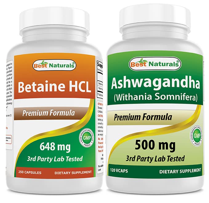 Best Naturals Betaine HCL 648 mg & Ashwagandha uute 500 Mg