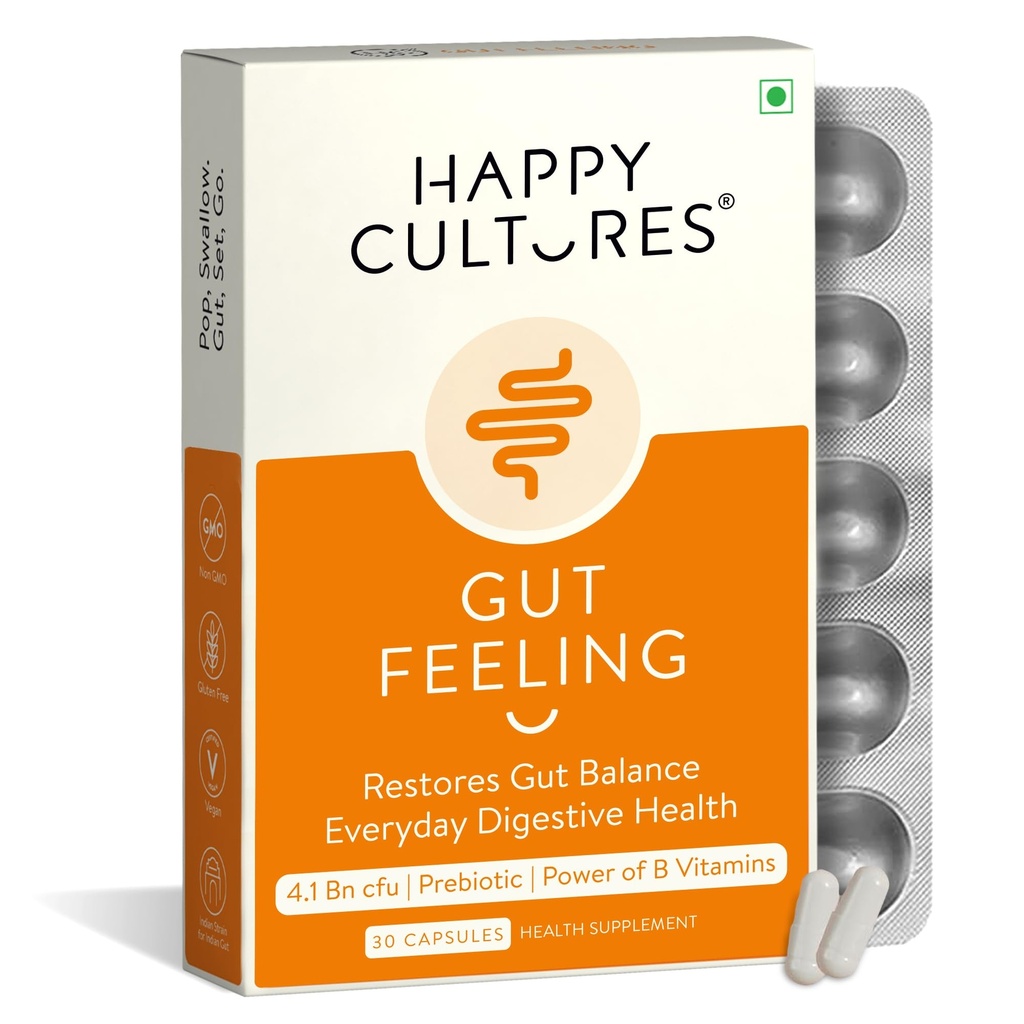 Happy Cultures Gut Feeling Digestion Supplement Unique Blend of Probiootit Daily Digestive Health B-Vitamins Gut Health Suolistossa turvotus, IBS, Digestion Kliinisesti testattu - 30 Veg Kapselit