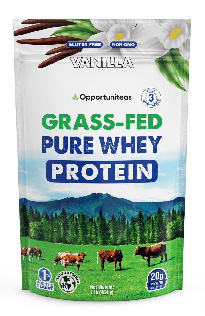Opportuniteas Grass Fed Whey Protein Powder Concentration - Vanilja - Pure Protein Supplement - Non GMO, Hormoni vapaa & Gluteeniton - 1lb