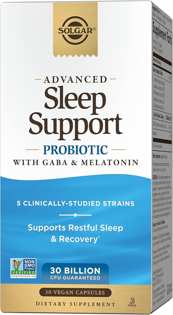 Solgar Advanced Sleep Support Probiootti, jossa on GABA & Melatoniinia, 30 vegaanista kapselia - 30 miljardia PMY - 5 Kliinisesti sulatetut kannat - Tuki lepoun ja toipumiseen - ei-GMO & Vegan, 30 tarjoilua