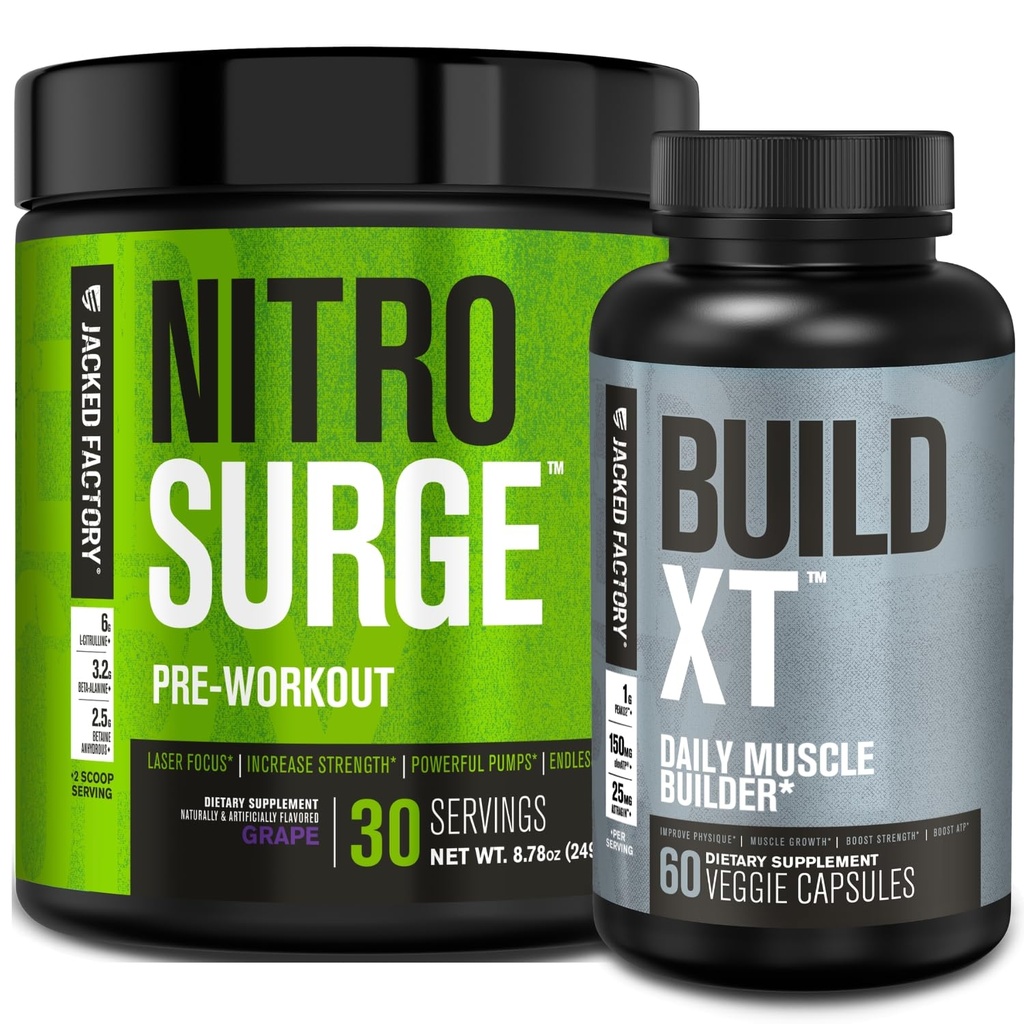 Jacked Factory Nitrosurge Pre-Workout in Grape & Building XT Muscle Building Bundle for Men & Women