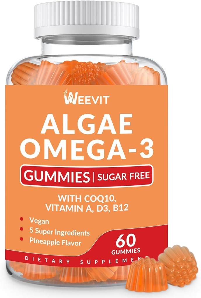 Sugar Free Omega 3 Gummies, Algae Omega 3 Supplement för vuxna,Omega 3 DHA 240mg, EPA 110mg w / vitamin B12,CoQ10
