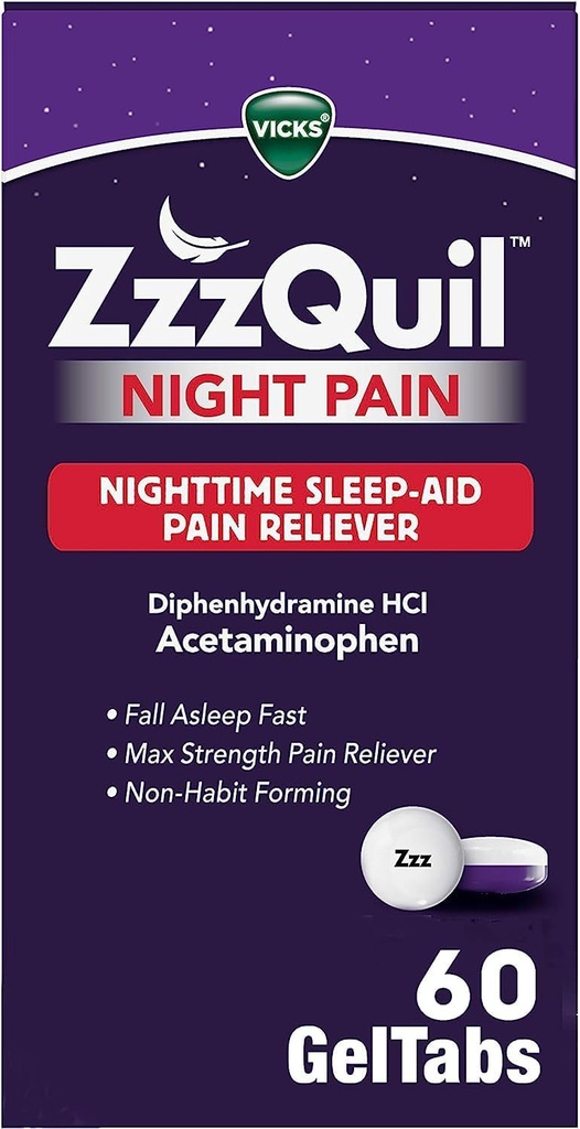 ZzzQuil Night Pain GelTabs, Nighttime Pain Relief, Sleep Aid Tablets, Diphenhydramine HCl och Acetaminophen, No.1 Sleep Aid Brand, Max Strength Pain Reliever, 60 GelTabs