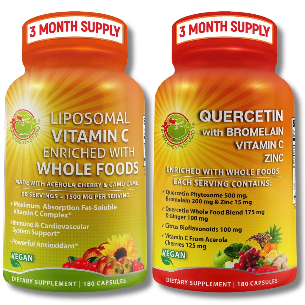 Quercetin med Bromelain, Vitamin C & Zinc + Liposomal Vitamin C 1500mg - Immune Support Bundle med Organic Acerola Cherry, Camu Camu & Citrus Bioflavanoids - Vegan, Non-GMO, Clean Wellness Support