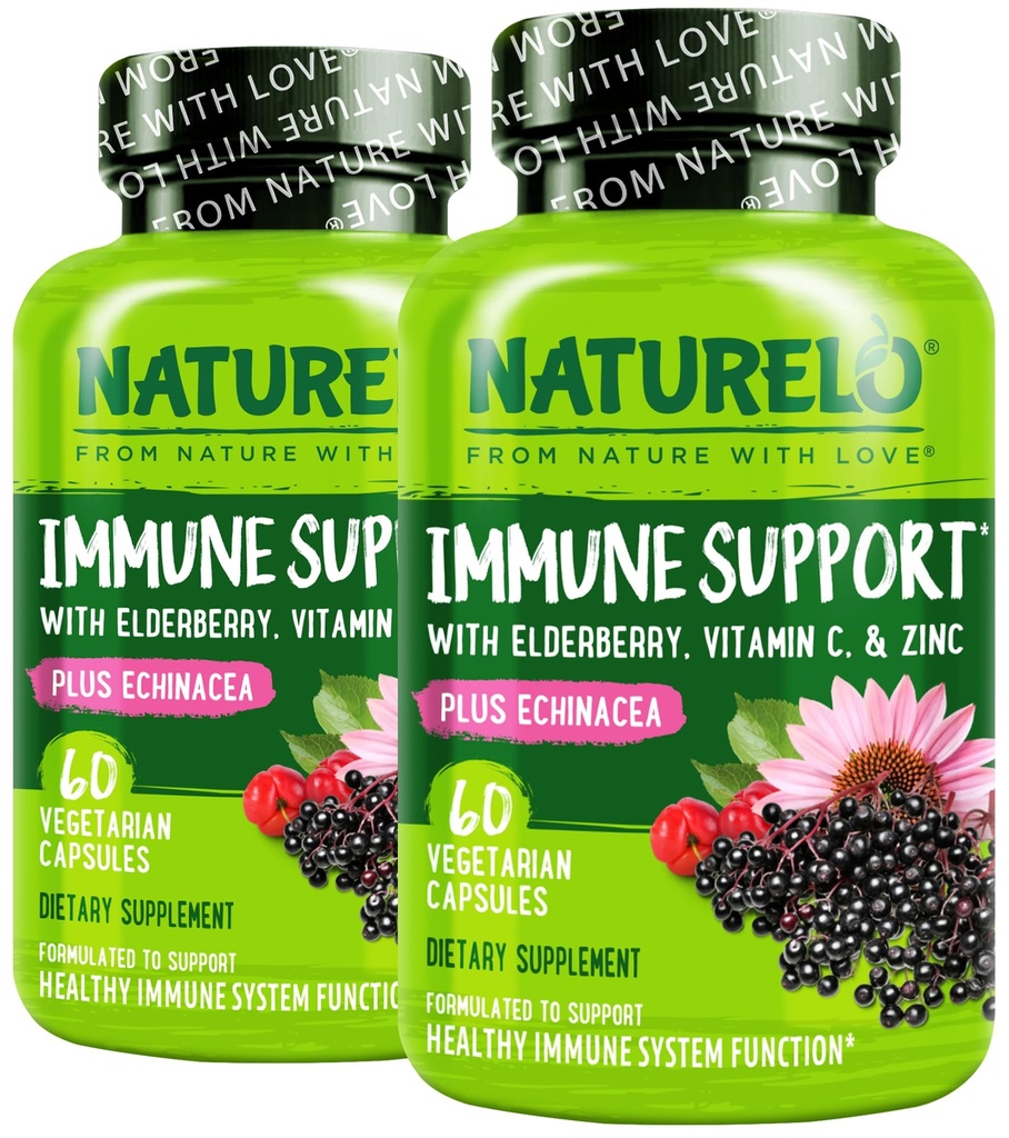 NATURALLO Immuunituki C-vitamiini, Elderberry, Sinkki, Echinacea Natural Immuniteetti Boost w/Antioxidantti, Herbal & Mineral Defense - 60 Vegaanikapselia (paketti 2)