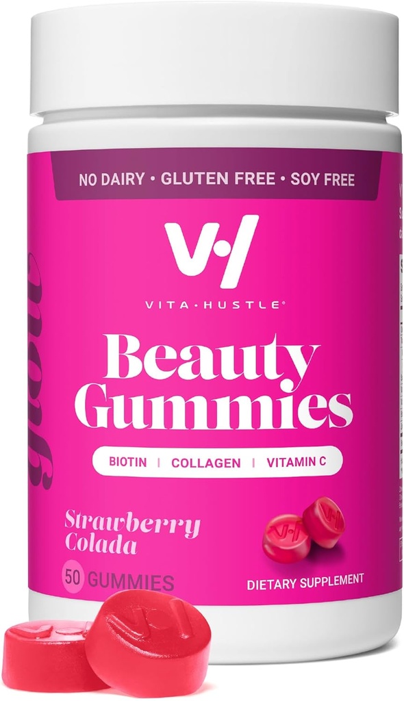 VitaHustle Beauty Gummies, 2500 mikrog Biotin, 100 mg kollageeni, C-vitamiini, B-komplex, vahvat hiukset, ihon kynnet, alhainen sokeri, ei GMO, mansikka Colada, 50 kreivi