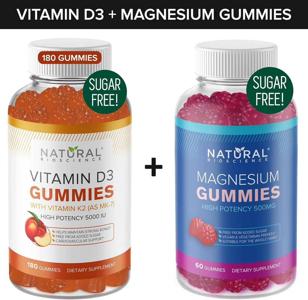 Sugar Free Vitamin D3 K2 Gummies (180 Gummies) och Sugar Free Extra Strength Magnesium Gummies (60 Gummies), Vitamin D3 Gummies 5000 IU + K2 MK7 80 mcg, Magnesium Citrate Gummies 500 mg
