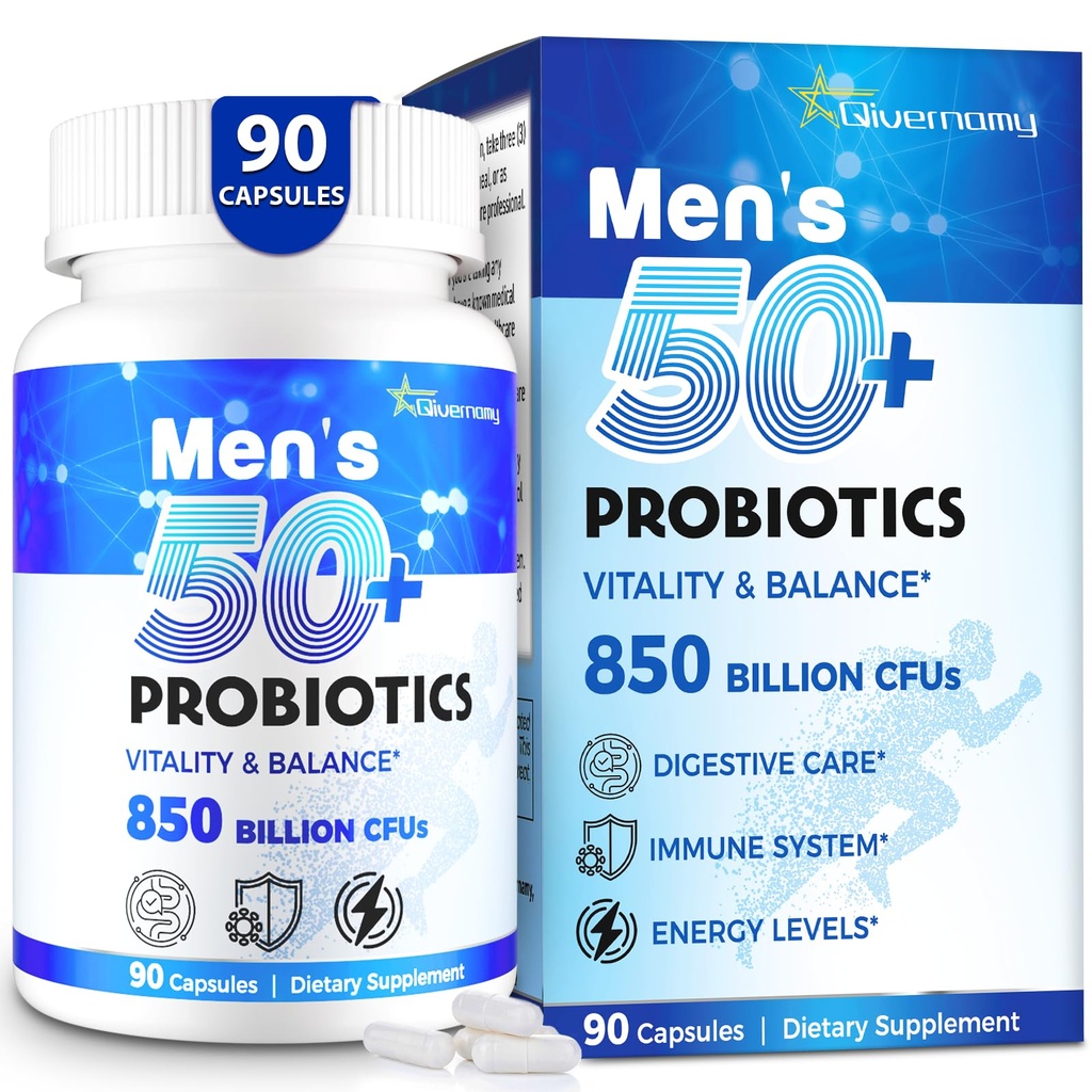 Probiootit miehille, Advanced 50+ Mens Probiootti, Comprehensive Gut & Energy Support 850 miljardia PMY, 1800mg Prebiootit kuitu . Räätälöity hyvinvointi miesten probiootit suoliston terveyteen yli 50, 90 Kapseli