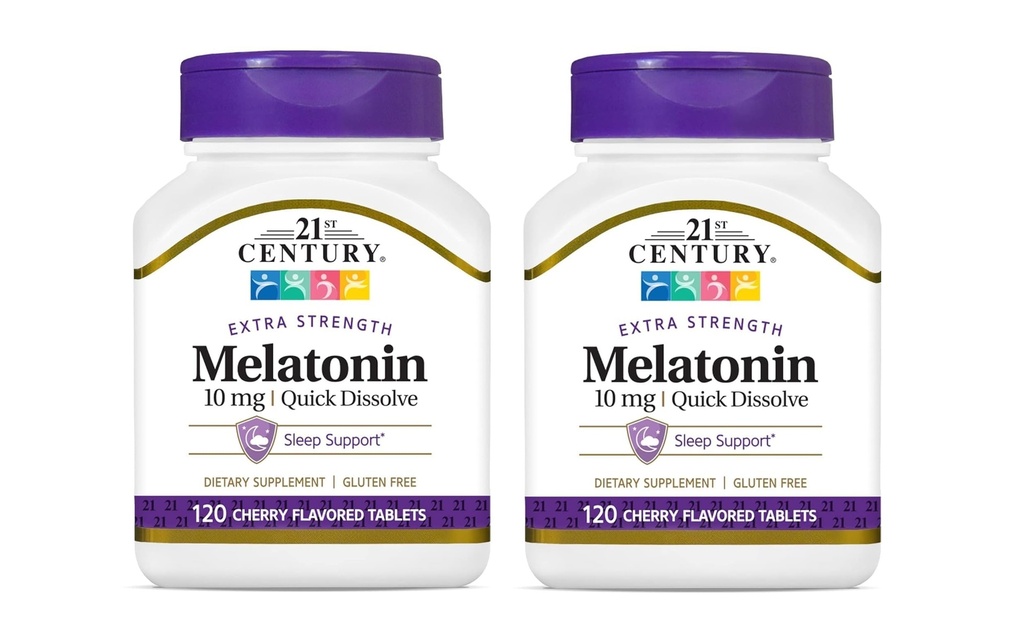 21st Century, melatoniinin nopea liuotustabletti 10 mg, valkoinen, kirsikka, 120