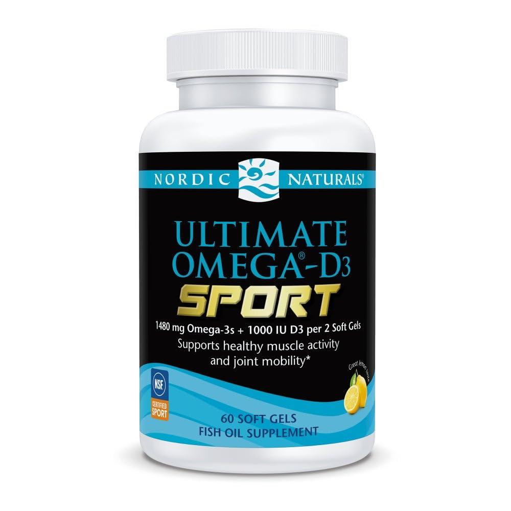 Nordic Naturals Ultimate Omega- D3 Sport, Lemon - 60 pehmeää geeliä - 1480 mg Omega-3 + 1000 IU D3-vitamiinia - NSF Certified - tukee lihasten, luut, Focus & Endurance - 30