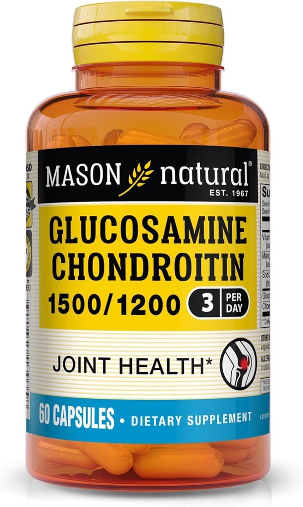 MASON NATURAL Glukosamiini C-vitamiinin 1500/1200 kanssa, tukee yhteistä terveyttä normaalin joustavuuden ja liikkuvuuden *, 60 kapselia