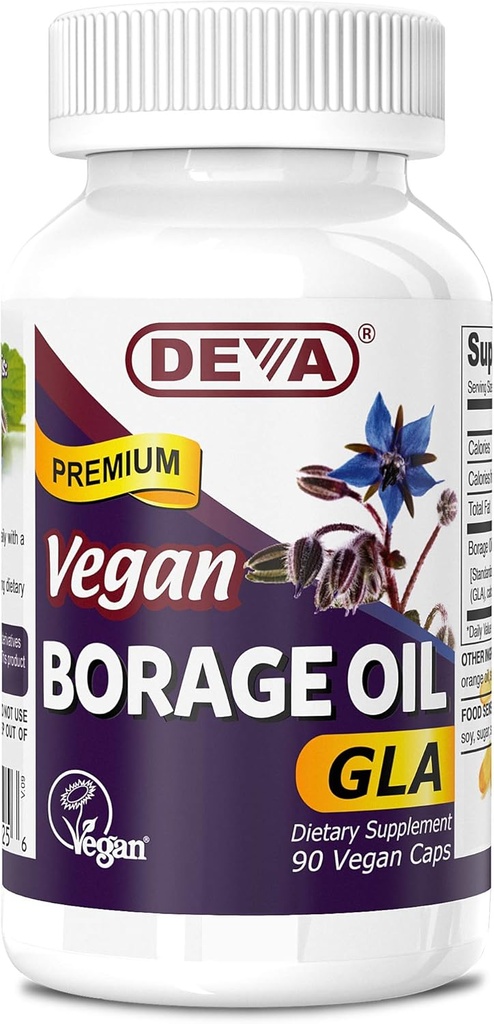 Deva Vegan vitamiineja, Borage Oil 500mg, Rich lähde Omega-6 rasvahappoa GLA (Gamma linoleenihappo), kylmäpaineinen & jalostamaton, 90 tablettia, 1-pakkaus