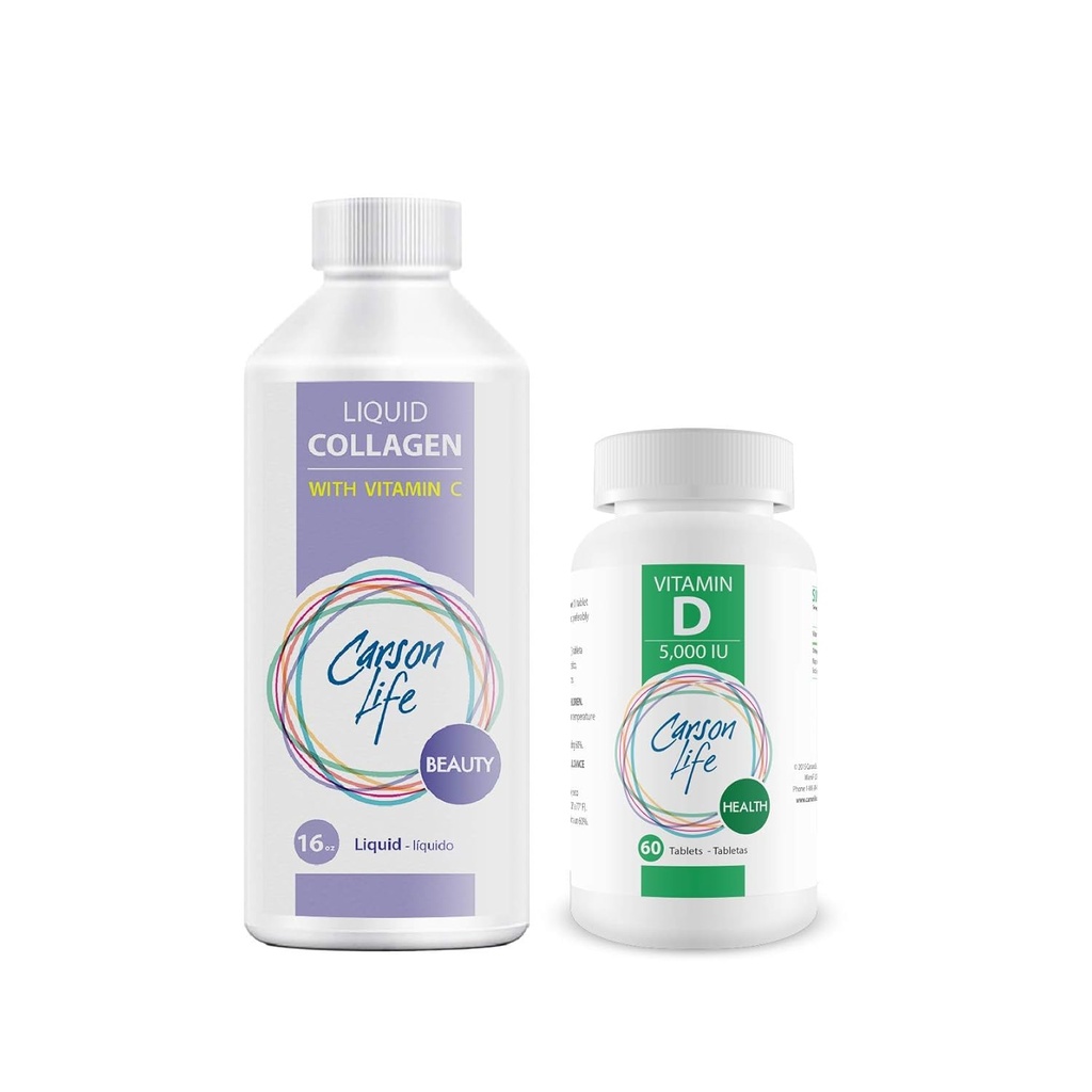 CARSON LIFE - Liquid Collagen kanssa C-vitamiini 1 pullo, 16 Oz Bundle kanssa D-vitamiinin täydentää 1 pullo, 10 000 IU, 60 tablettia vahvojen lihasten, luut, hampaat, anti ikääntyminen, hiusten iho ja kynnet