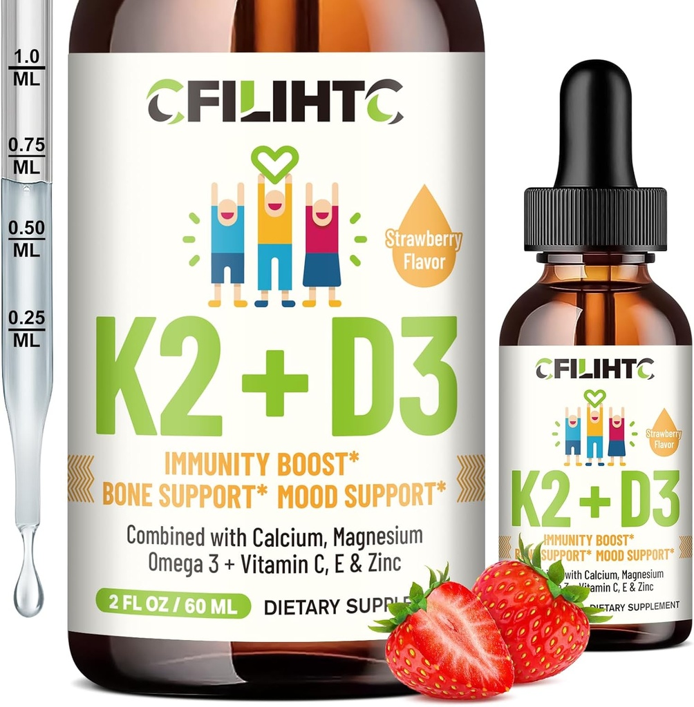 D3-vitamiini K2-tipat lapsille - Omega 3, E-vitamiini, kalsium, magnesium ja sinkki parempaan imeytymiseen - nestemäinen MK7 1000 IU D3 terveille luuille, hampaat ja sydäntuki - ei-GMO, 2 Fl Oz