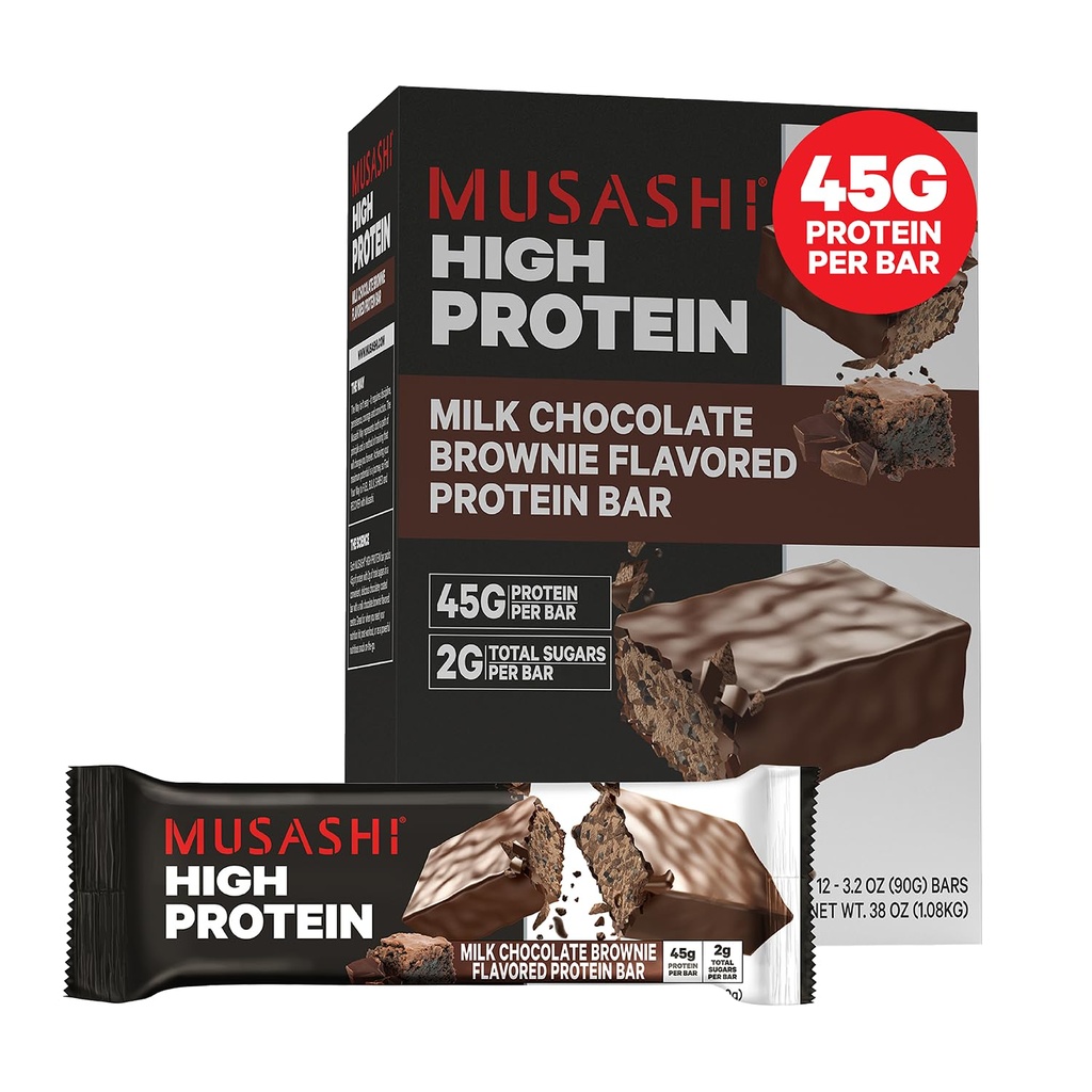 MUSASHI High Protein Bar, 45g Protein, 2g Total Sugars, Milk Chocolate Brownie, Post Treout ja Protein Välipala Go, 12 pakkaus 3,2oz (90g) Bars