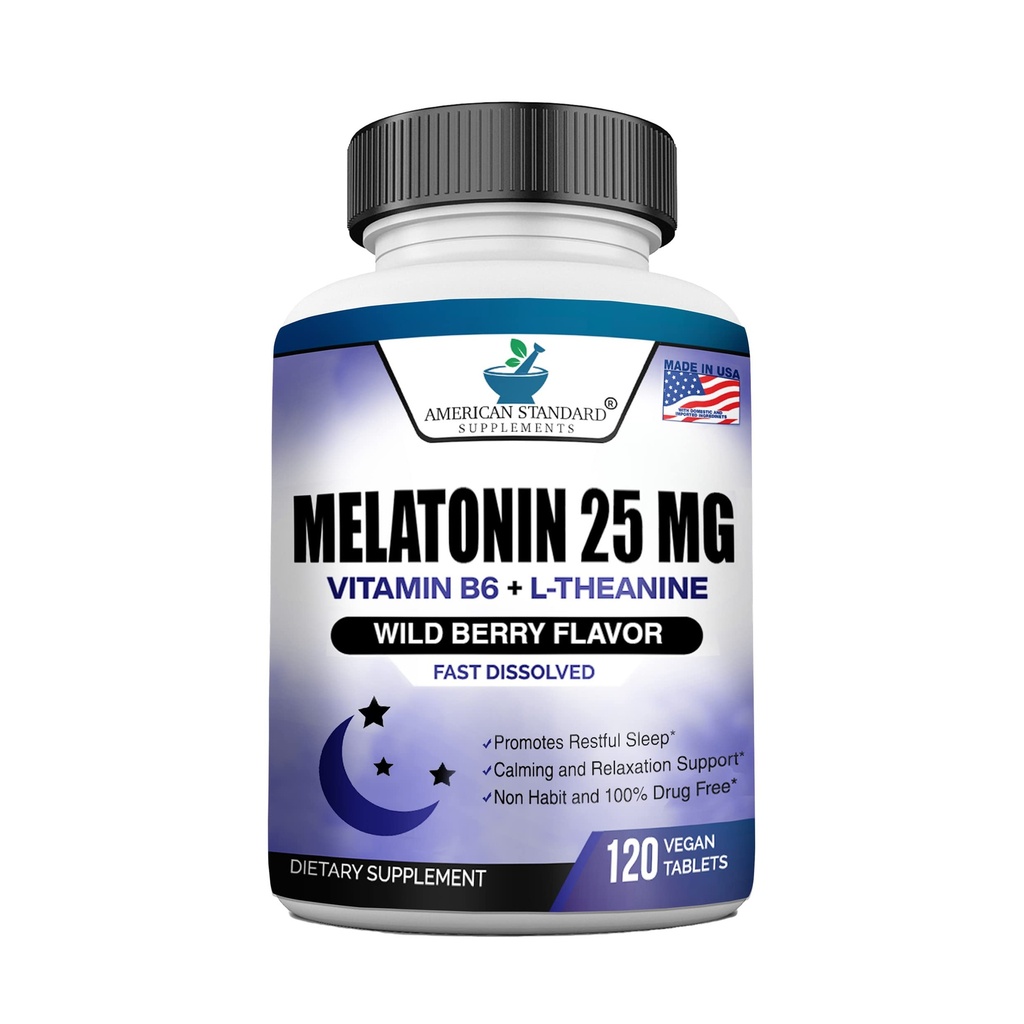 Melatonin 25mg Per One Tablet, 120 Chewable Tablet med L-Theanine & Vitamin B-6, Stöder Hälsosam Sömncykel, Främjar Calming & Restful Sleep, Vegan, NON GMO, Made In USA