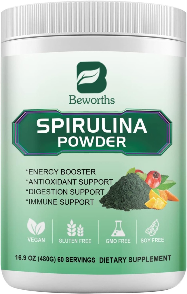 Spirulina Powder, Super Greens Powder Smoothies & Juices Sekoita Spirulina, Probiootit Ruoansulatuskanavan Entsyymit, Klorella, Kasvikset Hedelmät, Vehnä Grass for Immuniteetti, Digestion Support - Vegaani