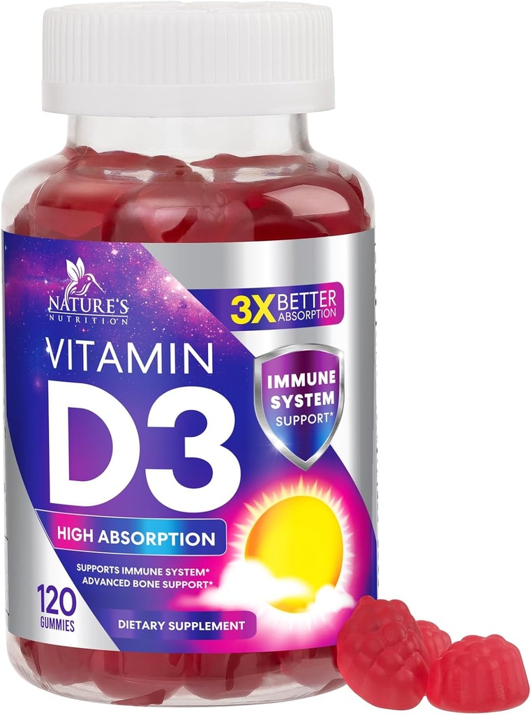 D3-vitamiini Gummy 5000 IU (125 mikrog) - Ruokavaliovitamiini D-lisä naisille ja miehille - luut, hampaat, lihasten ja immuunien terveystuki, korkea teho VIT D3 Nature's Non-GMO & Gluteenittomat - 120 Gummies