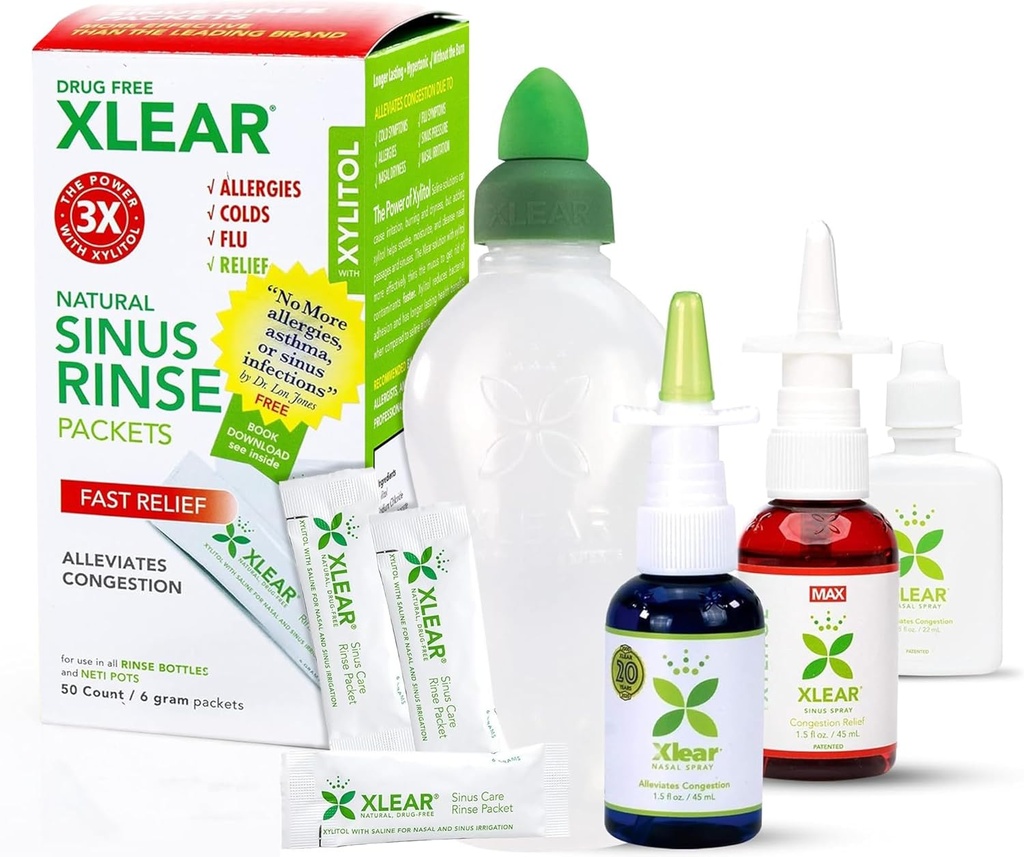 Xlear Allergia Relief Kit, Allergy Rescue Kit mukaan lukien Xlear Nasal Spray Xylitol, Xlear MAX Nasal Spray, Xlear Nasal Rance Neti Pot ja 50 uudelleentäyttöpakkaus
