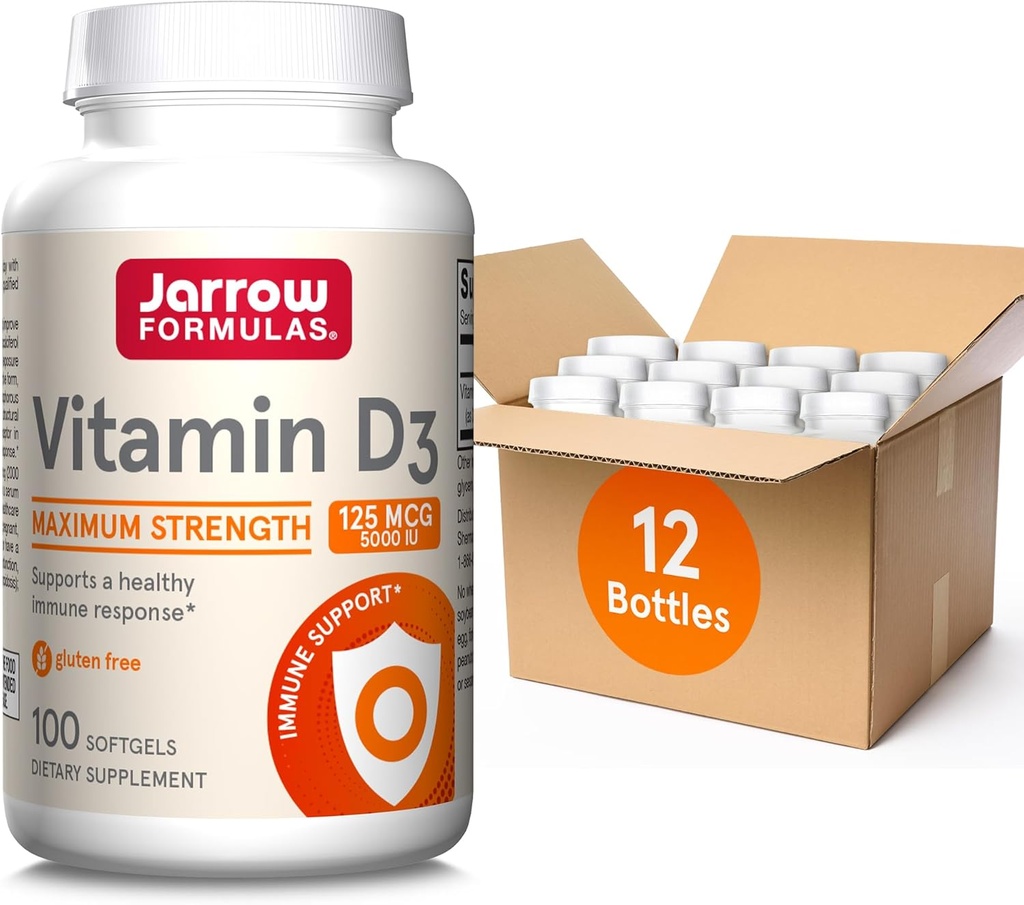 Jaarrow Formula D3-vitamiini 125 mikrog (5000 mikrog) - 100 tarjoilua (Softgels) - Bone Health, Immuno tuki ja kalsiumaineenvaihdunnan tuki - D-vitamiini - D3-vitamiinit - 5000 IU D-vitamiini (pakkaus 12)