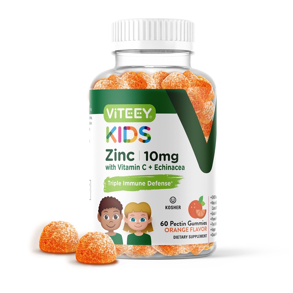 Vitey Sinkki lapsille Gummies 10mg, C-vitamiinia & Echinacea - Immuunituki, Tehokas luonnollinen antioksidantti, lapset Sinkki vitamiini täydentää - Vegaani, Liivate vapaa - Tasty Chewable Orange Maku