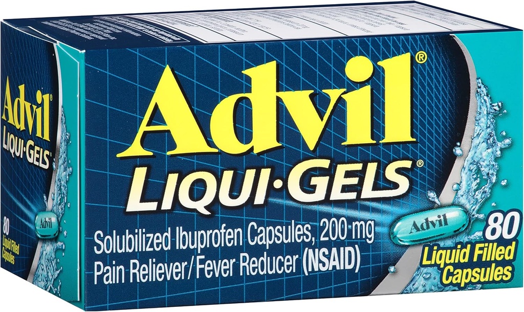 Advil Liqui-Gels Pain Reliever and Fever Reducer, Pain Medicine for Adults with Ibuprofeeni 200mg for päänsärky, selkäkipu, kuukautiskipu ja nivelkipujen lievittäminen - 80 nestetä täytetty kapselit