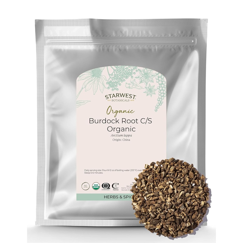 Starwest kasvitieteelliset Burdock Root Organic - Natural Source of Antioxidants, Loose Herb for Tea, Rice, Keitto, & Stews, Leikkaa & Sifted, Certified Kosher, ei-GMO - Bulk 1 lb Bag