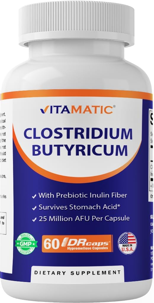 Vitamatic Clostridium butyricum 25 miljoner - Gut Health - 60 DR kapslar (fördröjd frisättning) - Tillverkad med prebiotisk inulinfiber